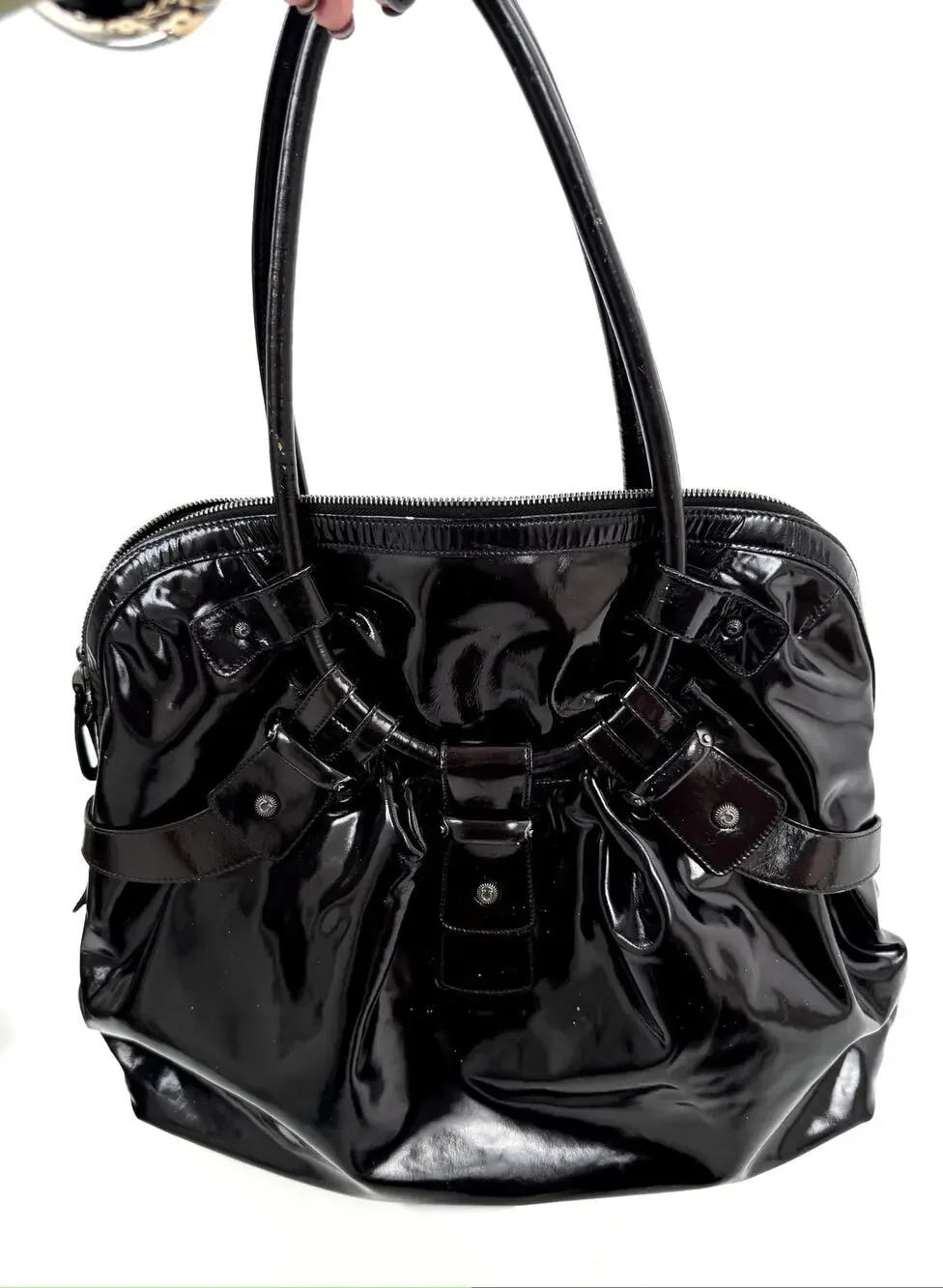 Salvatore Ferragamo Gancini Black Patent Leather Ruched Boho Hobo Bag